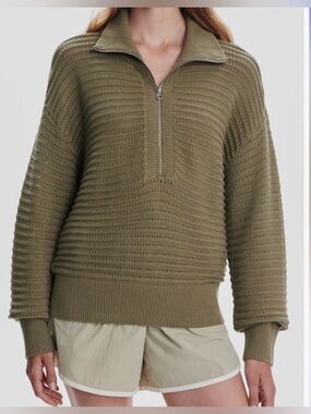 Varley Tara Pointelle Olive Green Half-Zip Knit Sweater